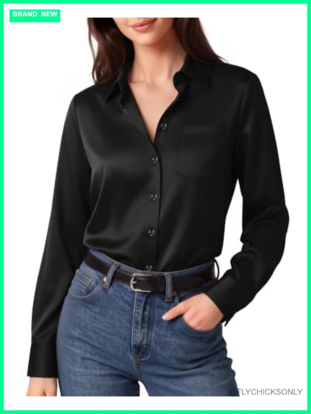 Satin Long Sleeve Button Down Blouse V Neck Collared Shirt